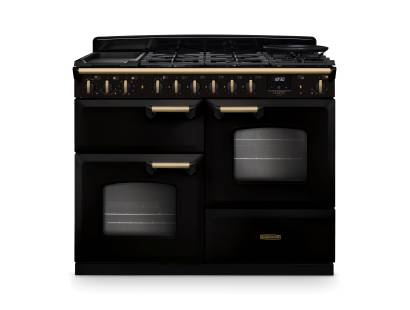 Rangemaster CLDLO110DFPGBLAB1 110cm Classic Deluxe Dual Fuel Range Cooker in Gloss Black and Antique Brass Trim