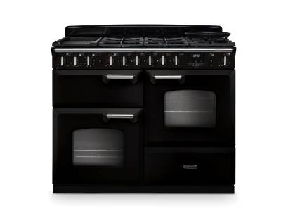 Rangemaster CLDLO110DFPGBLCM1 Classic Deluxe 110cm dual fuel range cooker in gloss black with chrome trim