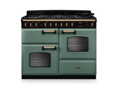 Rangemaster CLDLO110DFPMGRAB1 110cm Classic Deluxe Dual Fuel Range Cooker in CMineral Green and Antique Brass Trim