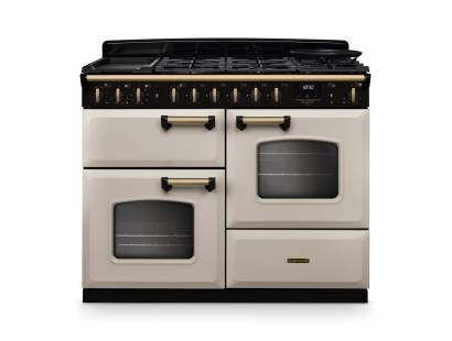Rangemaster CLDLO110DFPPCRAB1 110cm Classic Deluxe Dual Fuel Range Cooker in Pale Cream and Antique Brass Trim