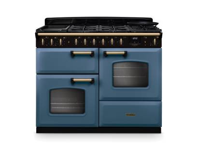 Rangemaster CLDLO110DFPSTBAB1 110cm Classic Deluxe Dual Fuel Range Cooker in Stone Blue and Antique Brass Trim