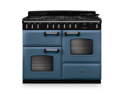 Rangemaster CLDLO110DFPSTBCM1 Classic Deluxe 110cm dual fuel range cooker in stone blue with chrome trim