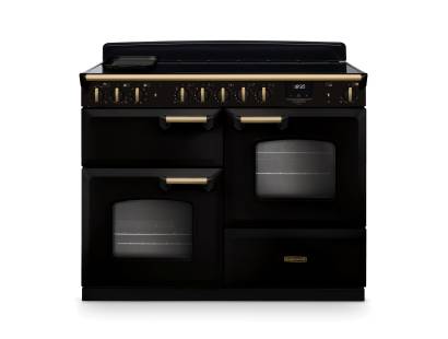 Rangemaster CLDLO110EIPGBLAB1 110cm Classic Deluxe Induction Range Cooker in Gloss Black with Antique Brass Trim