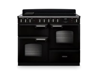 Rangemaster CLDLO110EIPGBLCM1 110cm Classic Deluxe Induction Range Cooker in gloss black and chrome trim 