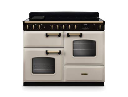Rangemaster CLDLO110EIPPCRAB1 110cm Classic Deluxe Dual Fuel Range Cooker in Pale Cream and Antique Brass Trim