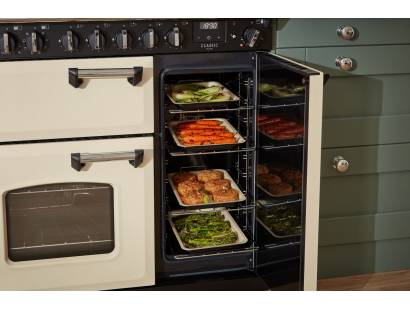 Rangemaster Classic Deluxe 90 gloss black range cooker showcasing right hand oven