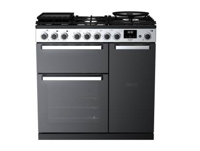 Rangemaster EDDL90DFGBLKCM1 90cm Edge Deluxe Dual Fuel Black Glass Chrome Range Cooker 15796