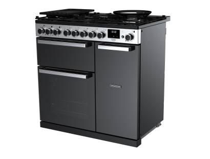 Rangemaster EDDL90DFGBLKCM1 90cm Edge Deluxe Dual Fuel Range Cooker in black glass with chrome trim