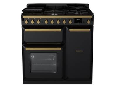 Rangemaster ESDL90DFPGBLAB1 - 90cm Estel Deluxe Dual Fuel Black Glass Antique Brass Range Cooker 18032