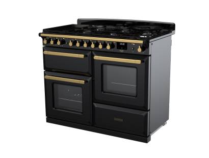 Rangemaster Estel Deluxe 110 Dual Fuel Gloss Black Antique Brass Range Cooker