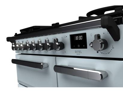 Rangemaster Estel Deluxe 90 Dual Fuel Misty Blue Chrome Range Cooker