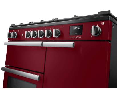 Rangemaster Professional 100 Bordeaux Dual Fuel Range Cooker close-up view of control knobs and LED touch display fascia