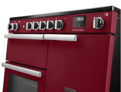Rangemaster Professional 100 Bordeaux Induction Range Cooker close-up view of control knobs and LED touch display fascia