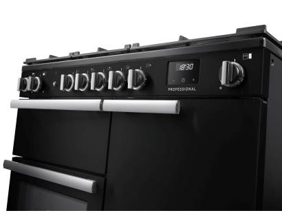 Rangemaster Professional 100 Charcoal Black Dual Fuel Range Cooker close-up view of control knobs and LED touch display fascia