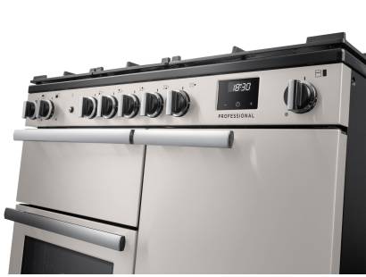 Rangemaster Professional 100 Ivory Dual Fuel Range Cooker close-up view of control knobs and LED touch display fascia