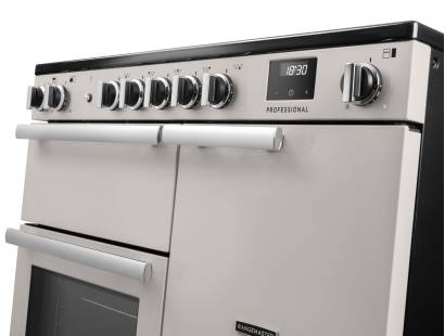 Rangemaster Professional 100 Ivory Induction Range Cooker close-up view of control knobs and LED touch display fascia