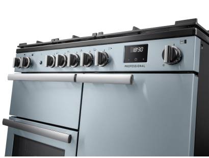Rangemaster Professional 100 Misty Blue Dual Fuel Range Cooker close-up view of control knobs and LED touch display fascia