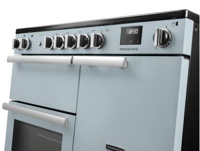 Rangemaster Professional 100 Misty Blue Induction Range Cooker close-up view of control knobs and LED touch display fascia