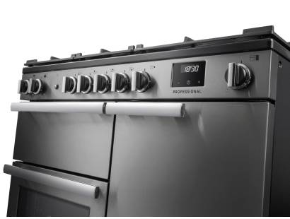 Rangemaster Professional 100 Stainless Steel Dual Fuel Range Cooker close-up view of control knobs and LED touch display fascia