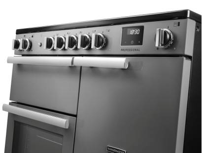 Rangemaster Professional 100 Stainless Steel Induction Range Cooker close-up view of control knobs and LED touch display fascia