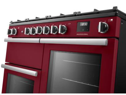 Rangemaster Professional 110 Bordeaux Dual Fuel Range Cooker close-up view of control knobs and LED touch display fascia