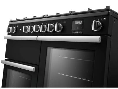 Rangemaster Professional 110 Charcoal Black Dual Fuel Range Cooker close-up view of control knobs and LED touch display fascia