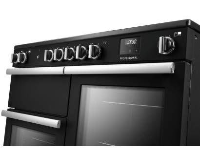 Rangemaster Professional 110 Charcoal Black Induction Range Cooker close-up view of control knobs and LED touch display fascia