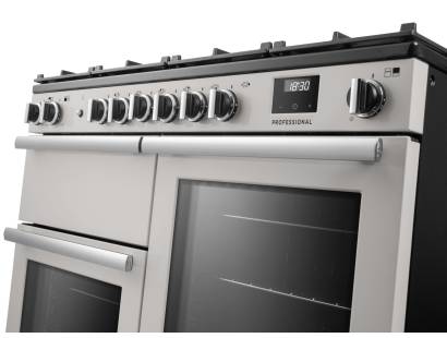 Rangemaster Professional 110 Ivory Dual Fuel Range Cooker close-up view of control knobs and LED touch display fascia
