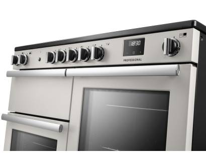 Rangemaster Professional 110 Ivory Induction Range Cooker close-up view of control knobs and LED touch display fascia
