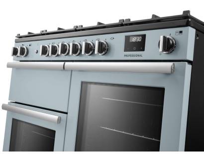 Rangemaster Professional 110 Misty Blue Dual Fuel Range Cooker close-up view of control knobs and LED touch display fascia