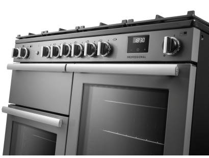 Rangemaster Professional 110 Stainless Steel Dual Fuel Range Cooker close-up view of control knobs and LED touch display fascia