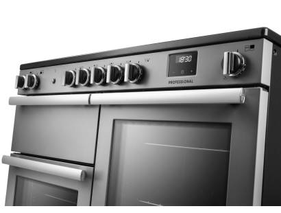 Rangemaster Professional 110 Stainless Steel Induction Range Cooker close-up view of control knobs and LED touch display fascia
