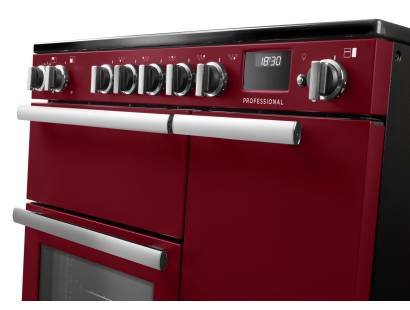 Rangemaster Professional 90 Bordeaux Induction Range Cooker close-up view of control knobs and LED touch display fascia