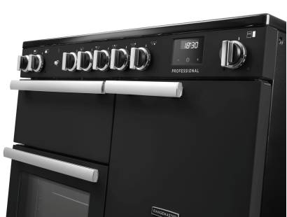 Rangemaster Professional 90 Charcoal Black Induction Range Cooker close-up view of control knobs and LED touch display fascia