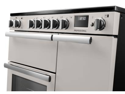 Rangemaster Professional 90 Ivory Induction Range Cooker close-up view of control knobs and LED touch display fascia