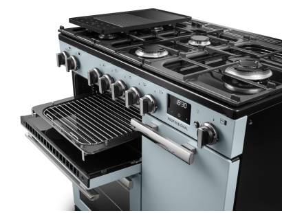 Rangemaster Professional 90 Misty Blue Flexi-Grill with four shelf positions and full or half-width grilling