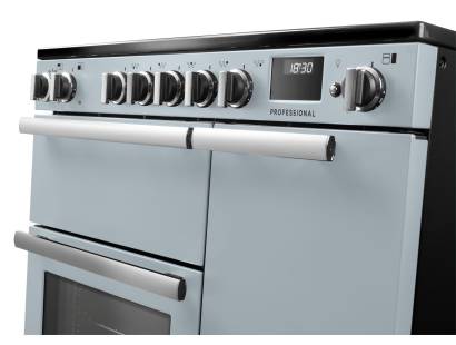 Rangemaster Professional 90 Misty Blue Induction Range Cooker close-up view of control knobs and LED touch display fascia