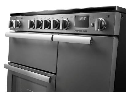 Rangemaster Professional 90 Stainless Steel Induction Range Cooker close-up view of control knobs and LED touch display fascia