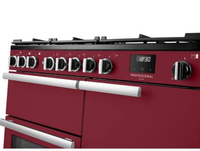 Rangemaster Professional Deluxe 100 Bordeaux Dual Fuel Range Cooker close-up view of control knobs and LED touch display fascia