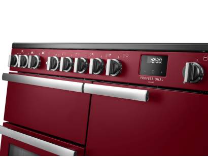 Rangemaster Professional Deluxe 100 Bordeaux Induction Range Cooker close-up view of control knobs and LED touch display fascia
