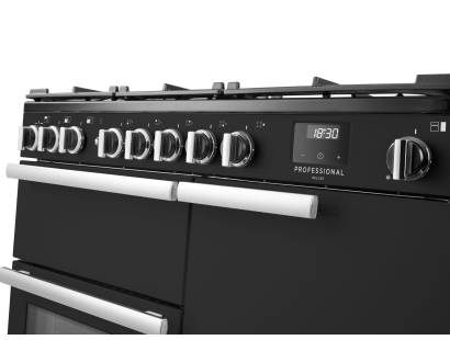 Rangemaster Professional Deluxe 100 Charcoal Black Dual Fuel Range Cooker close-up view of control knobs and LED touch display fascia