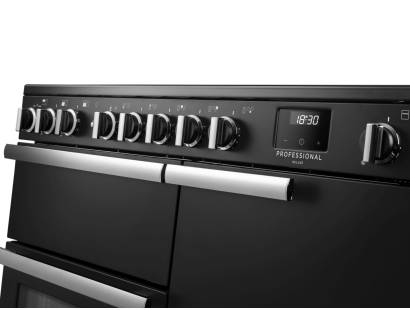 Rangemaster Professional Deluxe 100 Charcoal Black Induction Range Cooker close-up view of control knobs and LED touch display fascia