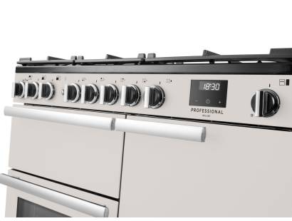 Rangemaster Professional Deluxe 100 Ivory Dual Fuel Range Cooker close-up view of control knobs and LED touch display fascia