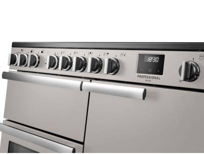 Rangemaster Professional Deluxe 100 Ivory Induction Range Cooker close-up view of control knobs and LED touch display fascia