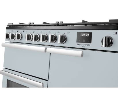 Rangemaster Professional Deluxe 100 Misty Blue Dual Fuel Range Cooker close-up view of control knobs and LED touch display fascia