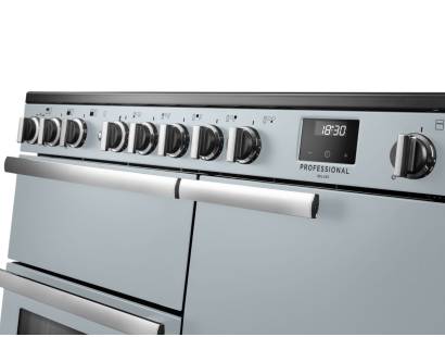 Rangemaster Professional Deluxe 100 Misty Blue Induction Range Cooker close-up view of control knobs and LED touch display fascia