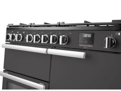 Rangemaster Professional Deluxe 100 Slate Dual Fuel Range Cooker close-up view of control knobs and LED touch display fascia