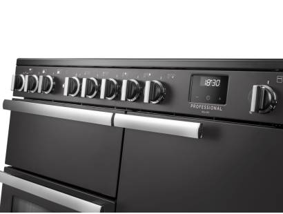 Rangemaster Professional Deluxe 100 Slate Induction Range Cooker close-up view of control knobs and LED touch display fascia