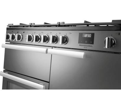 Rangemaster Professional Deluxe 100 Stainless Steel Dual Fuel Range Cooker close-up view of control knobs and LED touch display fascia