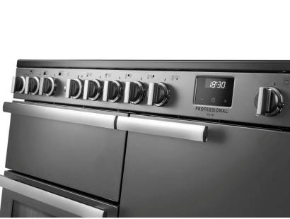 Rangemaster Professional Deluxe 100 Stainless Steel Induction Range Cooker close-up view of control knobs and LED touch display fascia